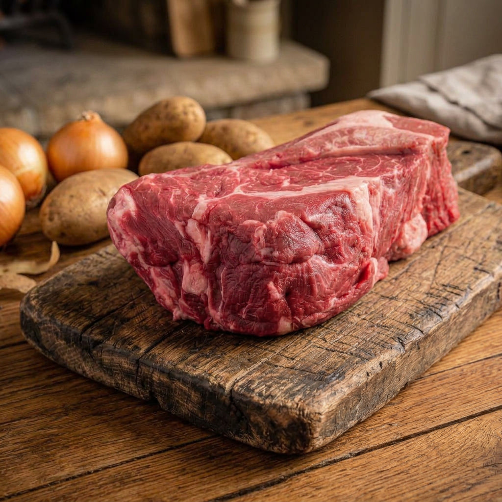 Raw USDA Prime Angus chuck roast with marbling on a wooden cutting board