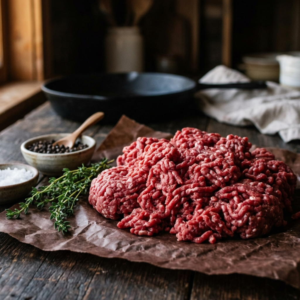 Fresh lean USDA Prime ground beef on butcher paper