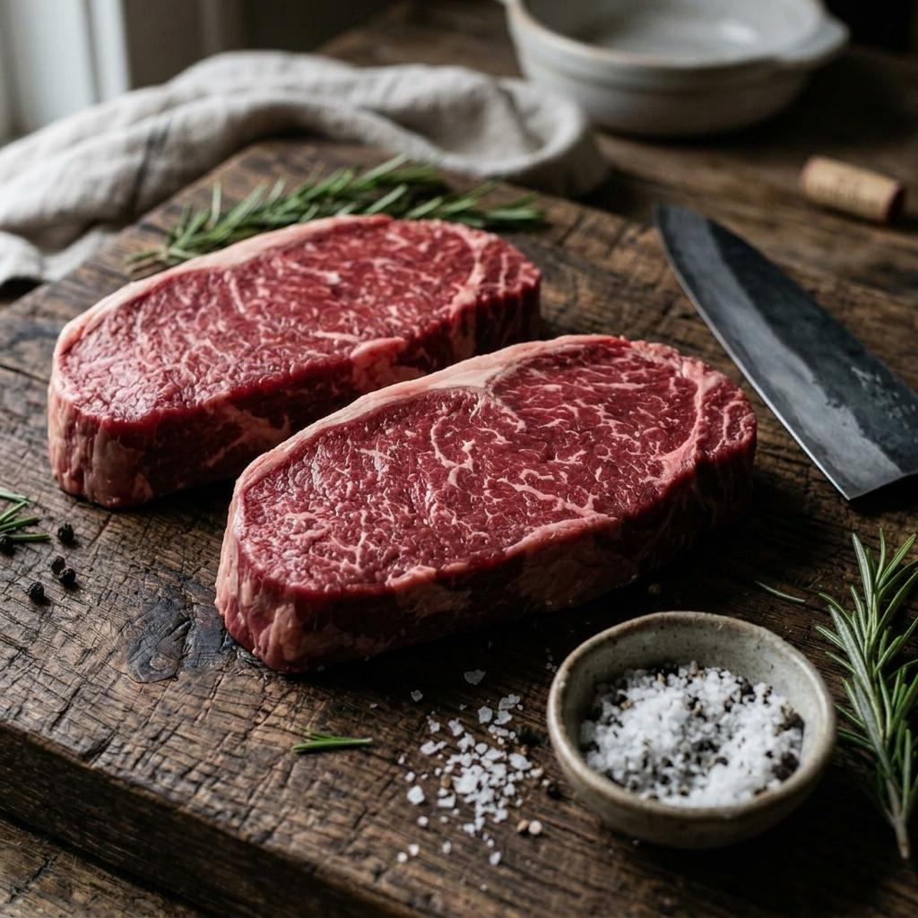 Two raw USDA Prime Angus top sirloin steaks on a rustic wooden cutting board