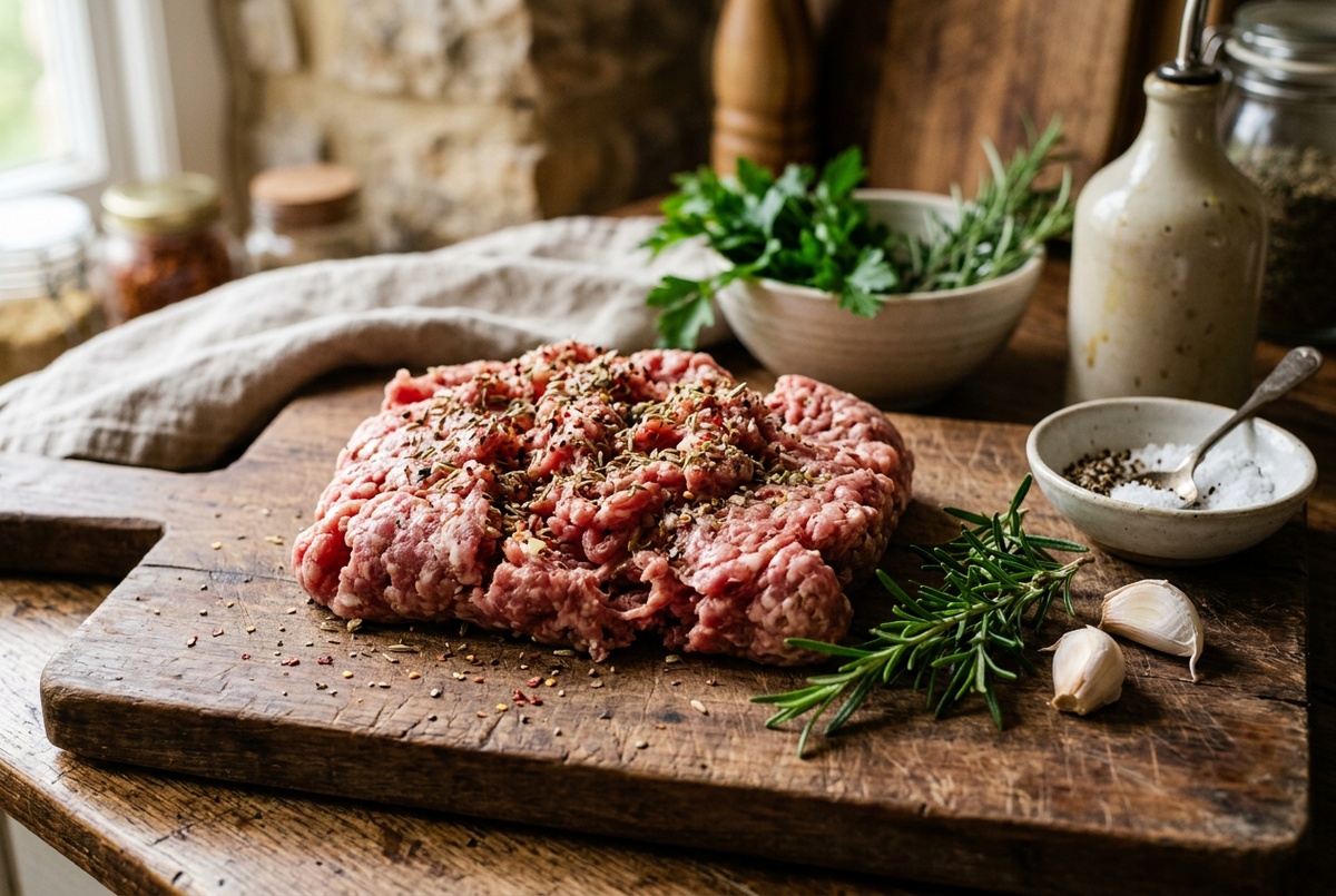 Raw ground Italian sausage on a cutting board