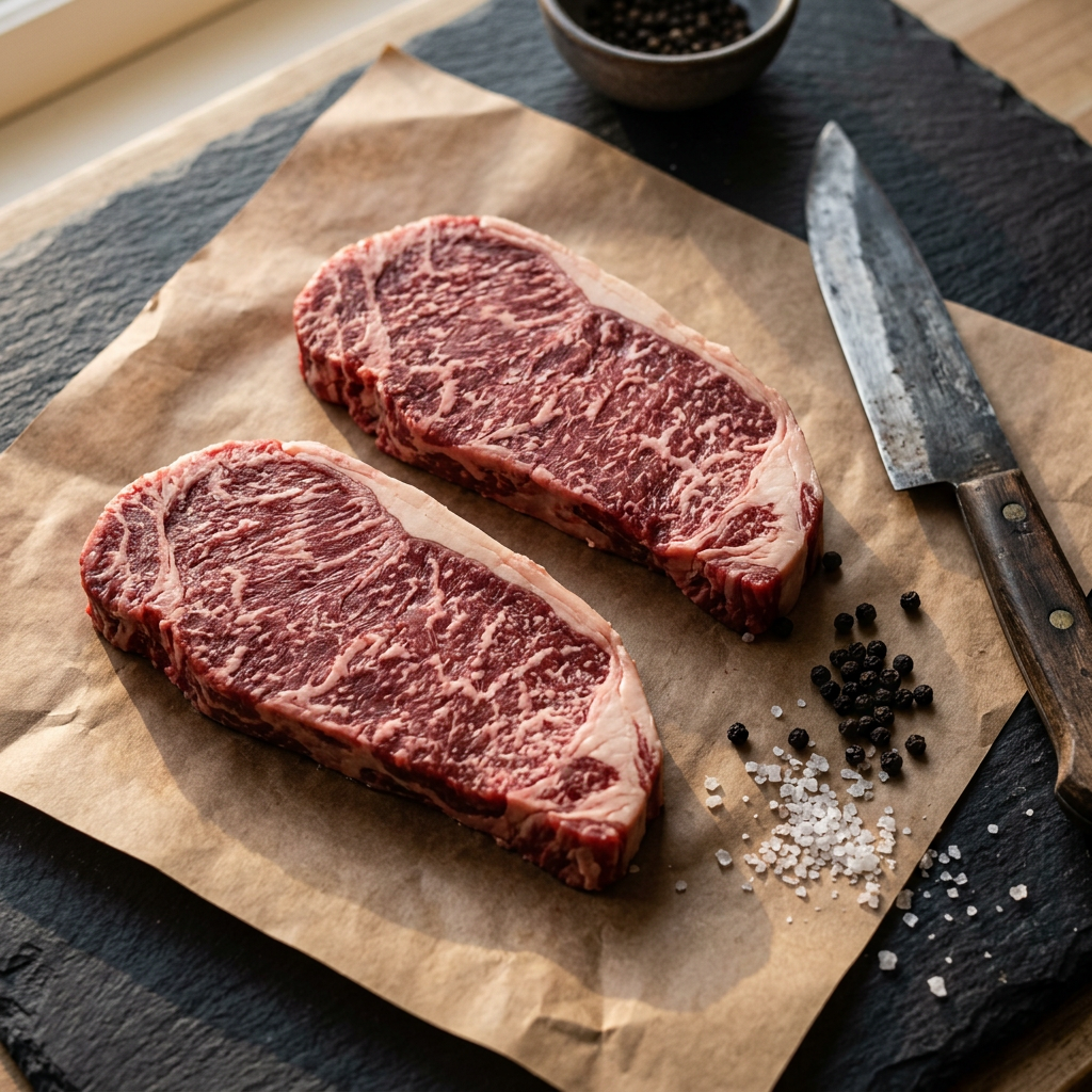 Two raw USDA Prime New York strip steaks on butcher paper